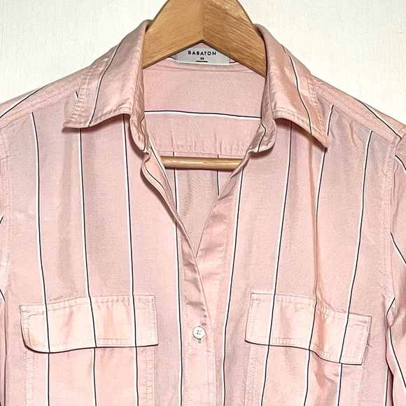 Aritzia Bavarian Utility Shirt Pink White Stripe Casual Minimalist Workwear XS - Picture 2 of 13